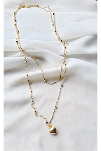 Ebijuteri Kadın Altın Renk Zarif Top Zincir Sevgi Kalp Kolye