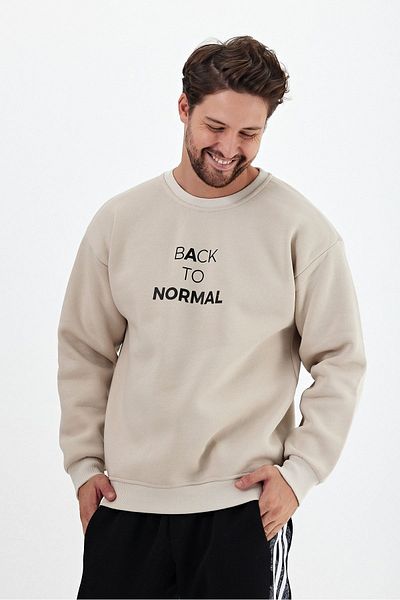 THE RULE Ανδρικό φούτερ σε μπεζ Oversize Crew Neck με στάμπα μαλακό φτερωτό