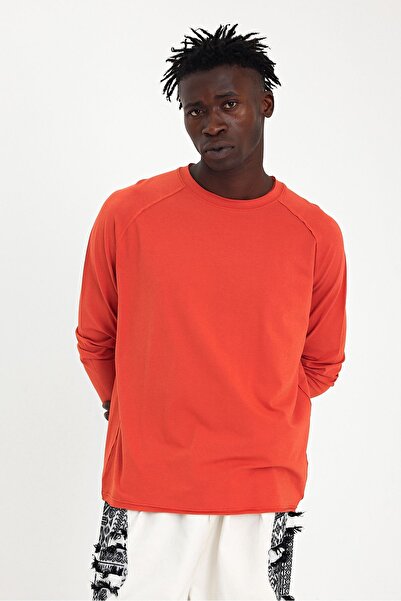 Soho Mood Ανδρικό μπλουζάκι από βαμβακερό πορτοκαλί Oversize - Μακρύ μανίκι, βρώμικο γιακά