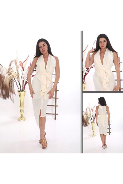 SUSEEMODA Boyundan Askılı Bel Bağlamalı Elbise Ekru