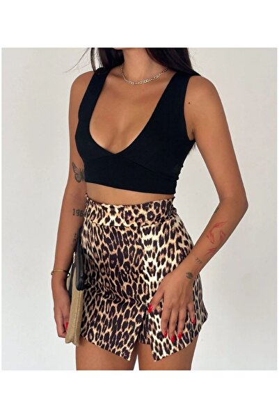 Lion Collection Λεοπάρ φούστα με μονό σκίσιμο μεγάλο μέγεθος με σορτς
