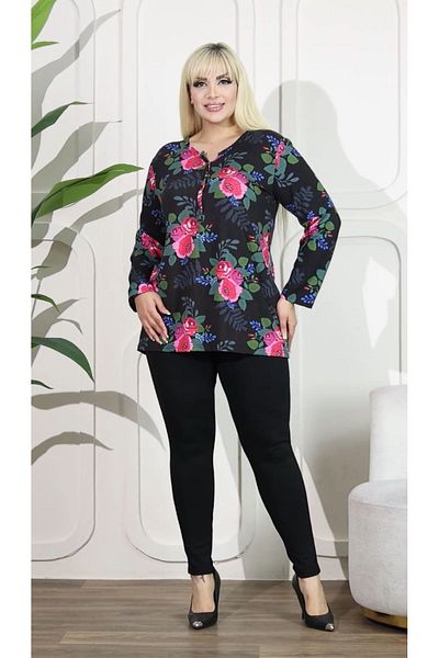 HÜLYA BUTİK Plus Size Black Pink Floral Dominant Collar Blouse