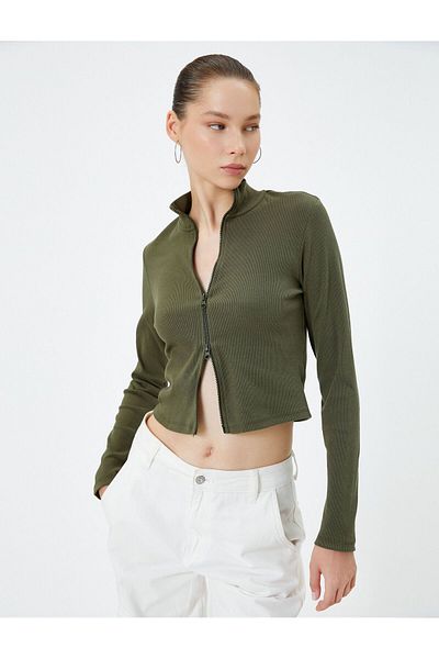 Koton Zipper T-Shirt Slim Fit Long Sleeve High Collar Cotton