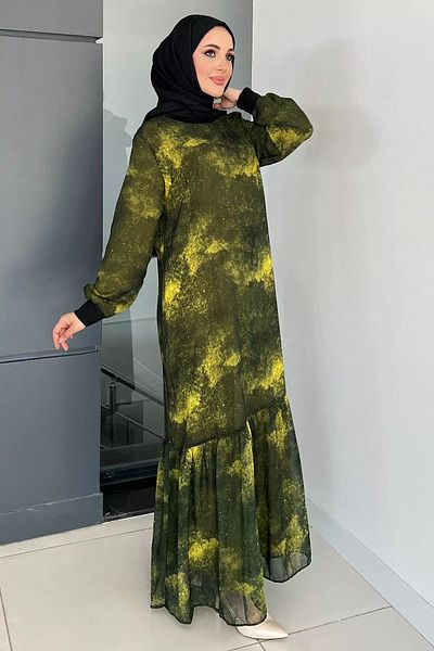 julude Χακί σιφόν φόρεμα - Crew Neck, μοτίβο και βολάν Hijab