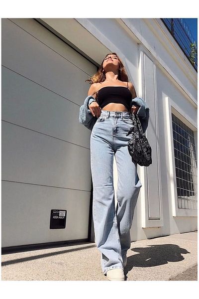 geenz manifacture Jessi - Pantaloni Palazzo Jean albastru deschis cu talie înaltă și Lycra