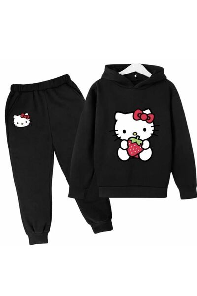 SeusCraft Hello Kitty Çilek Pamuk Çocuk Takım - Siyah Sweatshirt Jogger Baskı...