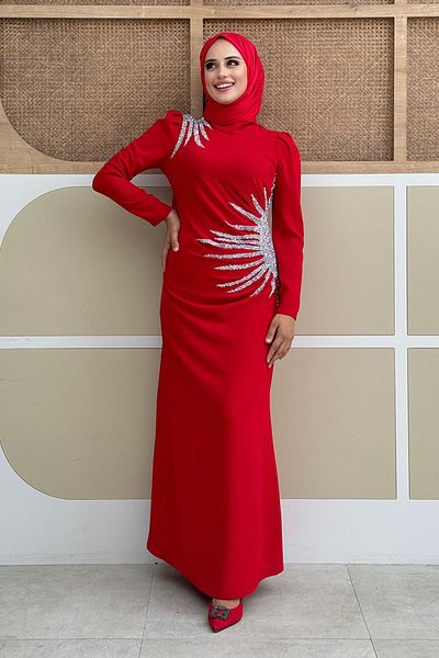 Bym Fashion Stone Detailed Shoulder and Waist Red Evening Dress 3909