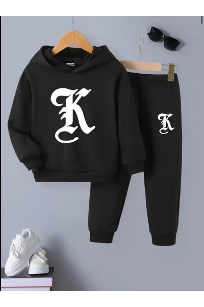 SeusCraft Μαύρο Παιδικό Σετ με Κουκούλα και Γράμματα - Φούτερ και Παντελόνι Τ...
