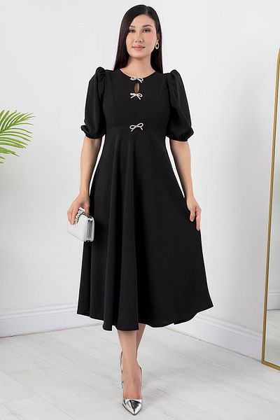 PULLIMM Rochie creponată cu mâneci cu balon cu pietre la piept - GRS3578