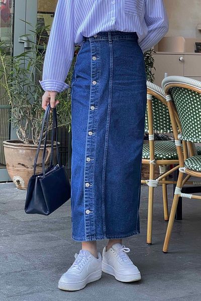 lamelif Fusta albastră din denim - Design cu nasturi