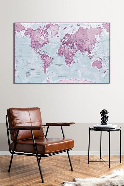 Vosevu Pink World Map Glass Painting, Modern Home and Office Decor, Gift Wall Decoration, Shatterproof Glass
