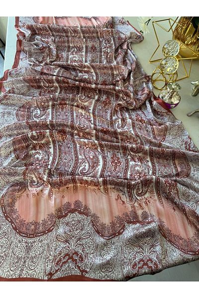 Oxygen Scarfs New Season Red Imported Silk Shawl - Ethnic Pattern Voile
