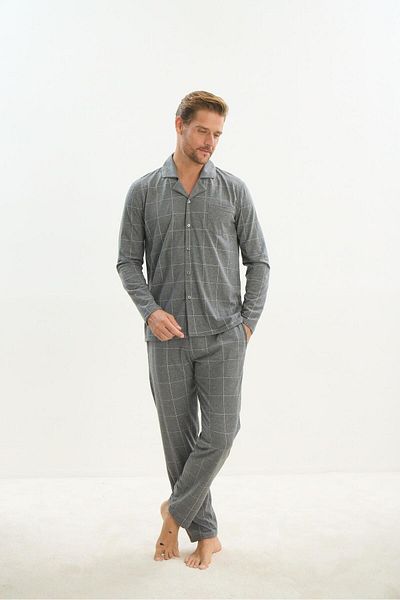 Sevim Gray Men's Pajama Set - Long Sleeve, Shirt Collar, Buttoned Front C3T2N5O9