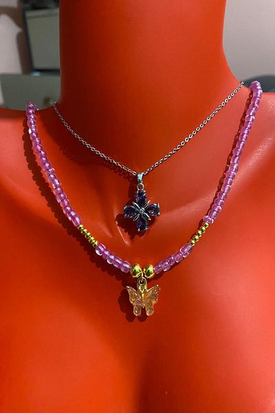 Bourgogne2021 Steel Women's Necklace Set - Floral Pattern, Flower Pattern, 2 Pieces Necklaces