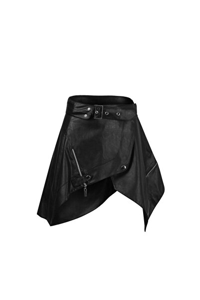 Rheme And Fons Özel Tasarım Couture El Işçiliği Kemerli Siyah Deri Mini Etek