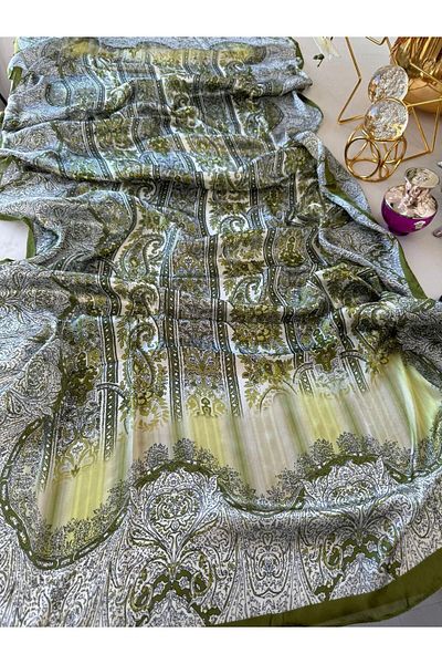Oxygen Scarfs New Season Khaki Silk Shawl - Imported Ethnic Pattern Voile