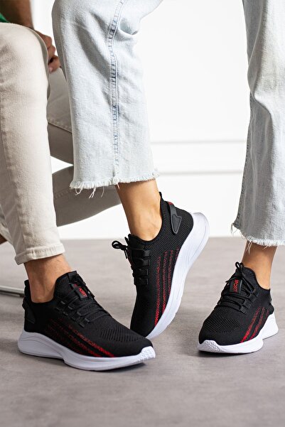 eformoda by emre yılmaz Siyah Kırmızı Unisex Yıkanabilir Rahat Hava Alabilen Kokusuz Triko Spor Ayakkabı Sneaker 015