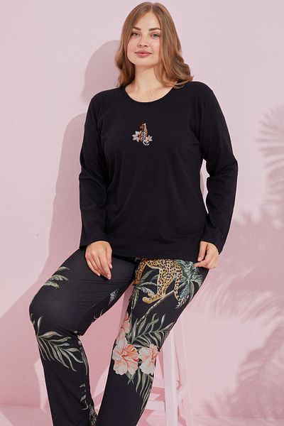 Siyah İnci Black Multi-Colored Cotton Curve Large Size Oversize Knitted Pajamas Set 24240733