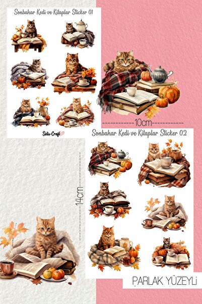 SelisCraft Sonbahar Kedi ve Kitaplar  Temalı PARLAK Sticker Seti 01-02 Ajanda...