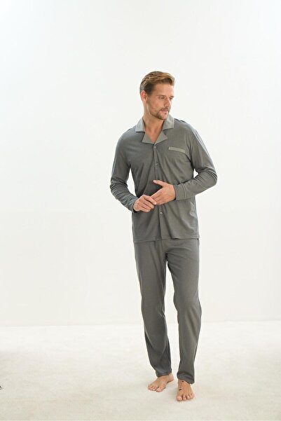 Sevim Πράσινες ανδρικές πιτζάμες - Μακρύ μανίκι, γιακάς πουκάμισου, μπροστινό κουμπί C7T2N5O9