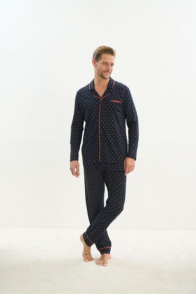 Sevim Σετ ανδρικές πιτζάμες Navy Blue - Μακρύ μανίκι, γιακάς πουκάμισου, μπροστινό κουμπί C4T1N4O9
