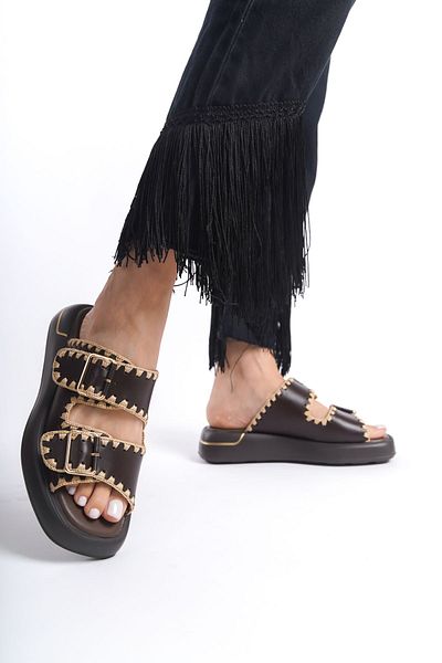 NOSEY SHOES Model Sofia, piele naturală, maro, talpă groasă, tricotat, cu cataramă, papuci de zi cu zi pentru femei