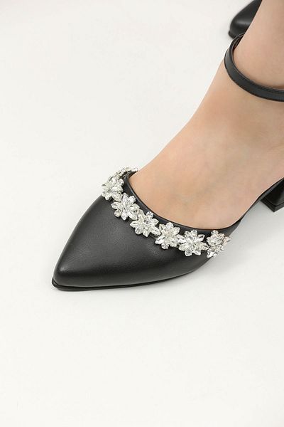 FORS SHOES Black Stone Detailed Striped Women's Evening Dress Heeled Shoes - 3.5 cm