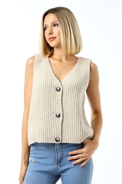 Devinka Beige Women's Knitwear Vest - 3 Buttons