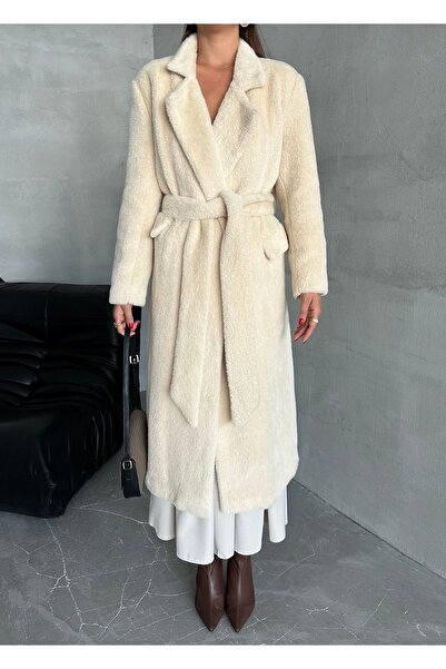 Laluvia Weicher beige Teddy-Langmantel – mit Gürtel, Modell-Nr.: 542127