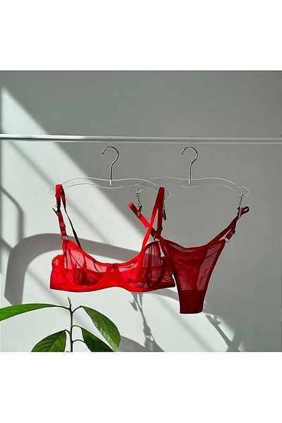 Snowdrop Red Transparent Tulle Underwire Bra Set