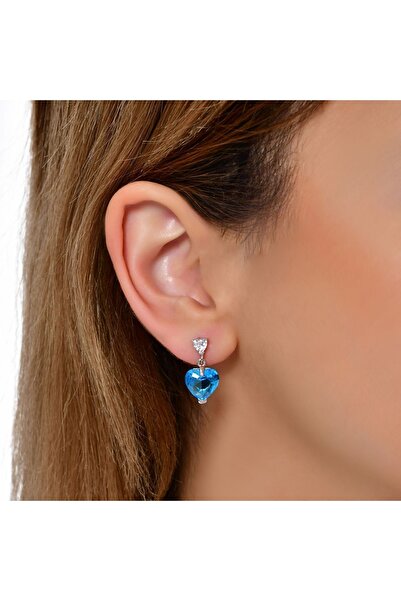 Shiny Spectra London Mavi Topaz Kalp Kesim 925 Ayar Gümüş Küpe