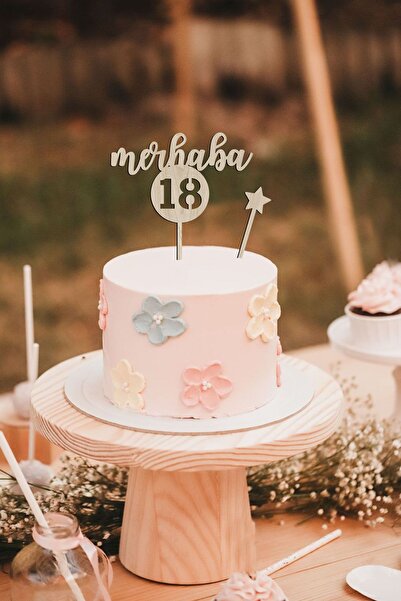 AHWART Merhaba 18 Pasta Süsü Mdf 18 Yaş Doğum Günü Topper Yıldız Hediyeli