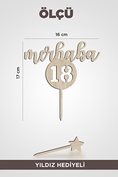 AHWART Merhaba 18 Pasta Süsü Mdf 18 Yaş Doğum Günü Topper Yıldız Hediyeli