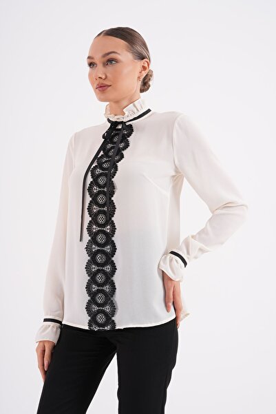 Loom Boutique Plus Size Lace Detailed Cream Crepe Blouse - B0051