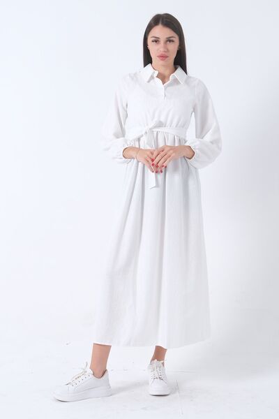Feminist Beli Lastikli Gömlek Yaka Kuşaklı Tesettür Elbise Beyaz 4593296