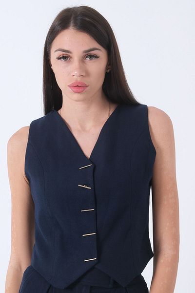 Feminist Navy Blue Stamp Vest - Gold Line Button, Model 41680090