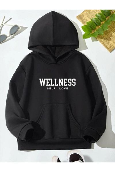 GLOWES Унисекс детски черен суитшърт с качулка Oversize Wellness