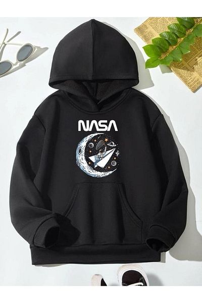 GLOWES Унисекс детски суитшърт - черен с щампа NASA, голям размер с качулка