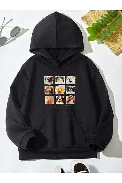 GLOWES Unisex Kids Sweatshirt - Oversize, Black, Dog Print, Hooded