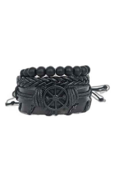 BSN Store Black Rudder Figured 4-Piece Genuine Leather Bracelet