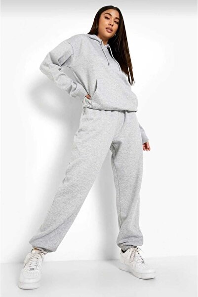 DeYz Kadın Şardonlu Gri Düz Baskısız Jogger Eşofman Takımı