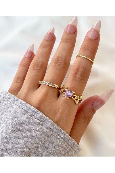 Eylülün Takısı Women's Gold Color 3-Piece Pink Stone Leaf and Heart-Stone-Joint Ring