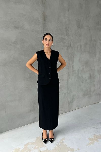 Seda Yalçın Atelier Black Short Belted Vest and Slit Skirt Set