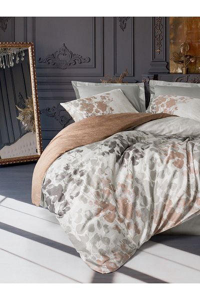Cotton Box Blatt Gray Satin Double Duvet Cover Set