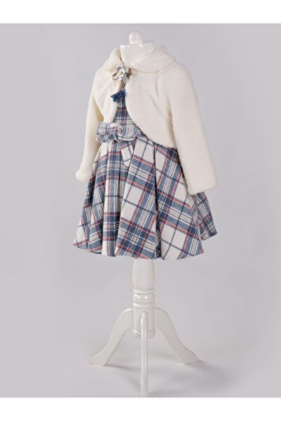 Cherrys Bebek PELUŞ BOLEROLU EKOSE KIZ ÇOCUK ELBİSE