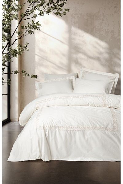 Cotton Box Riley Ecru - Double Embroidered Satin Duvet Cover Set
