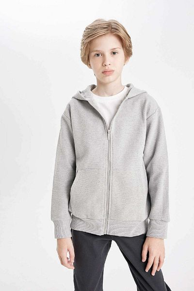 DeFacto Boy's Basic Gray Hooded School Cardigan with Zipper Pockets T7468A624Au