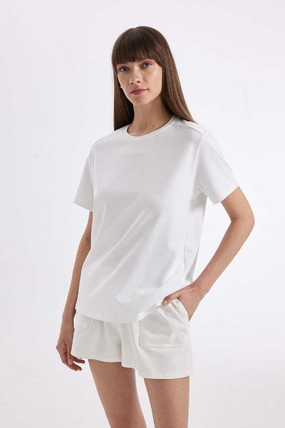 DeFacto Tricou alb cu mânecă scurtă, cu croiala normală, cu decolteu, casual, premium, simplu, A9428ax24au