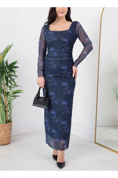Phoenix Women Kare Yaka Batik Tül Desen Elbise