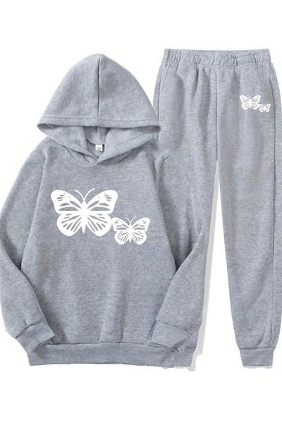 Afternoon Kids Gray White Butterfly Printed Girl's Hooded Tracksuit Set